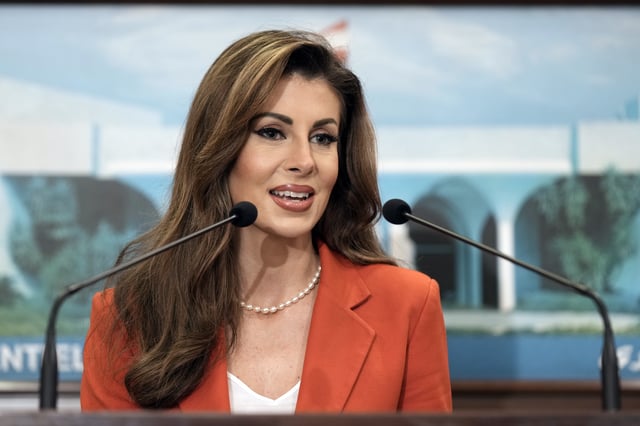 U.S. deputy special envoy for Middle East peace Morgan Ortagus speaks during a press conference after her meeting with Lebanese President Joseph Aoun in Baabda, east of Beirut, Lebanon, Friday, Feb. 7, 2025. (AP Photo/Bilal Hussein)