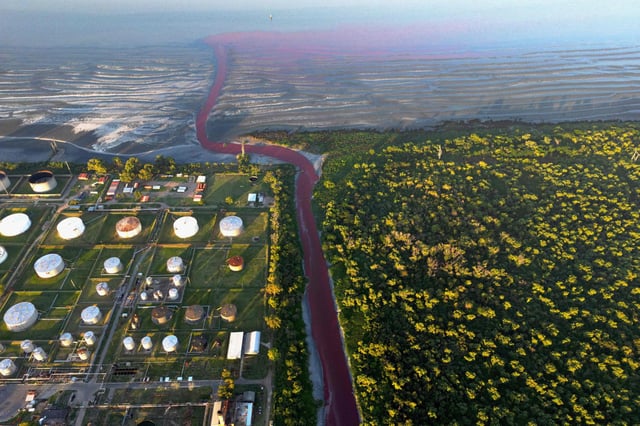 Luftaufnahme des Kanals, der in den Rio de la Plata-Fluss mündet