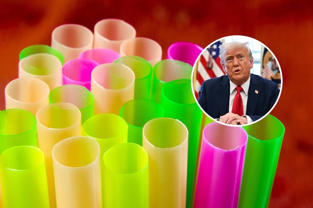 A stock image of plastic straws.US President Donald Trump speaks to the press as he signs an executive order to create a US sovereign wealth fund, in the Oval Office of the White House on February 3, 2025, in Washington, DC.