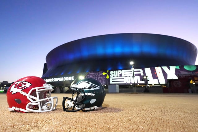Feb 7, 2025; New Orleans, LA, USA; A general overall view of Kansas City Chiefs and Philadelphia Eagles helmets at the Caesars Superdome, the site of the Super Bowl LIX between the Kansas City Chiefs and the Philadelphia Eagles. Mandatory Credit: Kirby Lee-Imagn Images
