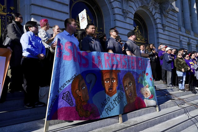 San Francisco city leaders and supporters of immigrant rights rally against President Trump&#39;s immigration crackdown on the steps of City Hall on Jan. 28, 2025. 
