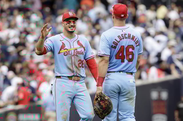 NEW YORK, NEW YORK - AUGUST 31: Nolan Arenado #28 and Paul Goldschmidt #46 of the St. Louis Cardinals celebrate after defeating the New York Yankees at Yankee Stadium on August 31, 2024 in New York City.