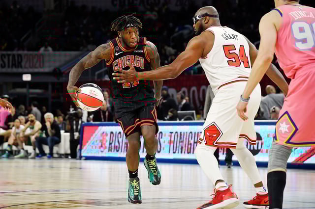 Feb 14, 2020; Chicago, Illinois, USA; Former Chicago Bulls player Nate Robinson, playing for team Stephen A., dribbles around former Chicago Bulls player Horace Grant, playing for Team Wilbon,during the NBA All Star-Celebrity Game at Wintrust Arena. Mandatory Credit: Quinn Harris-USA TODAY Sports/Fi;e Photo
