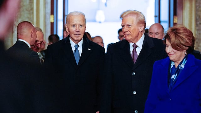 Joe Biden and Donald Trump arrive for Trump's inauguration ceremony in Washington on January 20. (AFP)