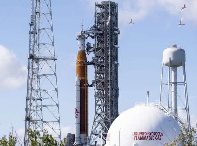 NASA’s Space Launch System (SLS) rocket with the Orion spacecraft aboard is seen atop the mobile launcher at Launch Pad 39B, Friday, Nov. 11, 2022, at NASA’s Kennedy Space Center in Florida.