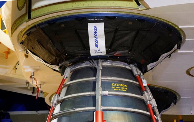 One of four main engine nozzles is shown on the core stage of the Space Launch System rocket for Artemis II at a NASA Artemis Media event at the Kennedy Space Center in Cape Canaveral, Florida, U.S., December 16, 2024. REUTERS/Joe Skipper/File Photo