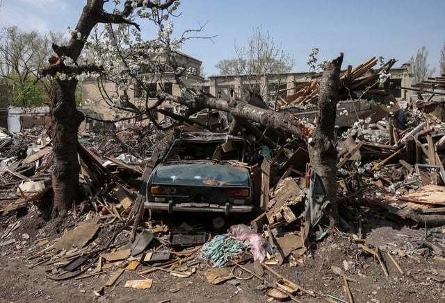 This illustrative image from April 12, 2024 shows the aftermath of a missile strike in Selydove, Donetsk. There are reports that a Ukrainian strike on the occupied city wiped out a Russian unit&#39;s command.