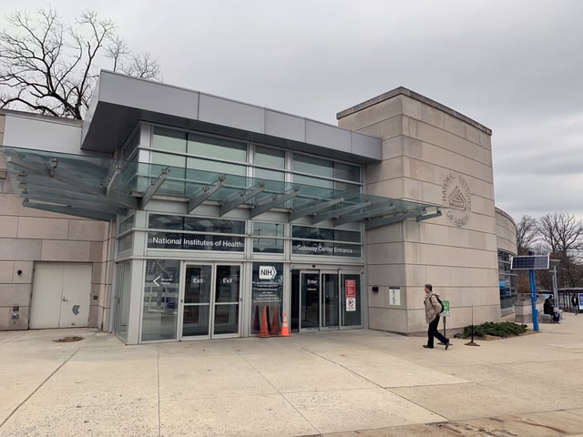 The entrance to the NIH campus in Bethesda, Md., on April 2, 2019.