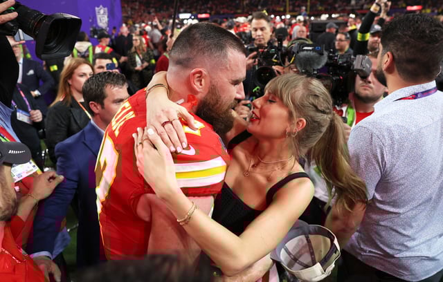 Travis Kelce #87 of the Kansas City Chiefs and Taylor Swift following the NFL Super Bowl on Feb. 11, 2024 in Las Vegas, NV.