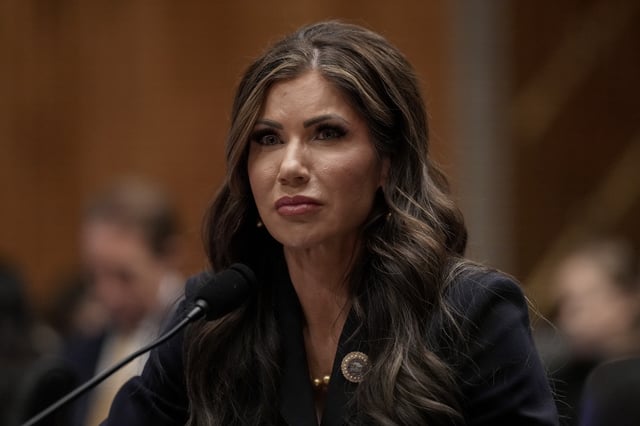 Then-South Dakota Governor Kristi Noem speaks during her confirmation hearing before the Homeland Security and Governmental Affairs Committee on Capitol Hill on January 17, 2025, in Washington, DC.
