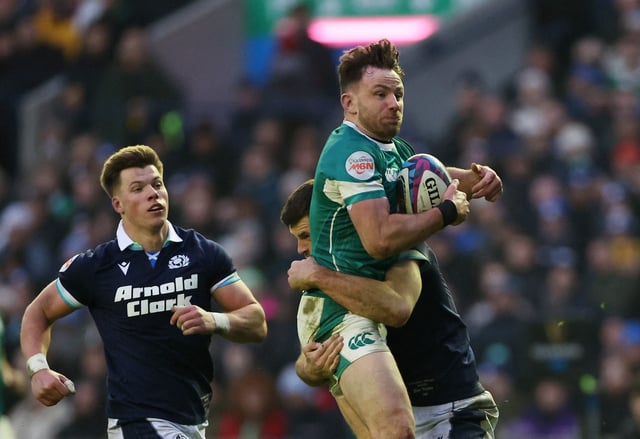 Rugby Union - Six Nations Championship - Scotland v Ireland - Murrayfield Stadium, Edinburgh, Scotland, Britain - February 9, 2025 Ireland's Hugo Keenan in action with Scotland's Blair Kinghorn REUTERS/Russell Cheyne