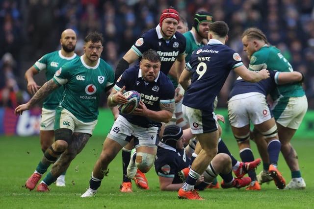 Rugby Union - Six Nations Championship - Scotland v Ireland - Murrayfield Stadium, Edinburgh, Scotland, Britain - February 9, 2025 Scotland's Rory Sutherland in action with Ireland's Andrew Porter REUTERS/Russell Cheyne