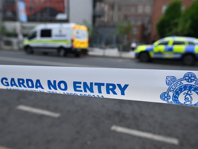 DUBLIN, IRELAND - MAY 18: A Garda Siochana tape reading 'Garda - No Entry' is closing the street in Dublin city center, on May 18, 2024, in Dublin, Ireland, (Photo by Artur Widak/NurPhoto via Getty Images)