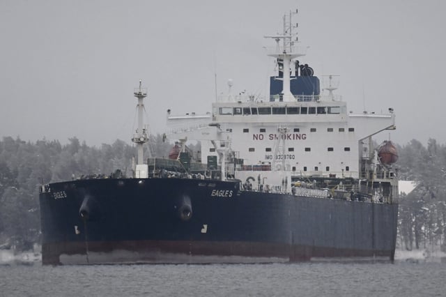 This illustrative image from January 13, 202 shows the Russian oil tanker Eagle near the Kilpilahti port in Porvoo, on the Gulf of Finland