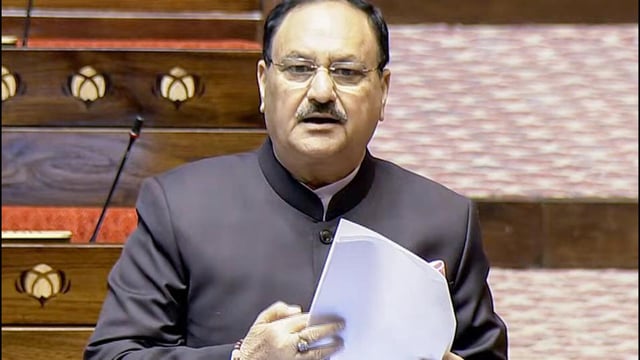 Union minister JP Nadda speaks in the Rajya Sabha on Monday. (Sansad TV)