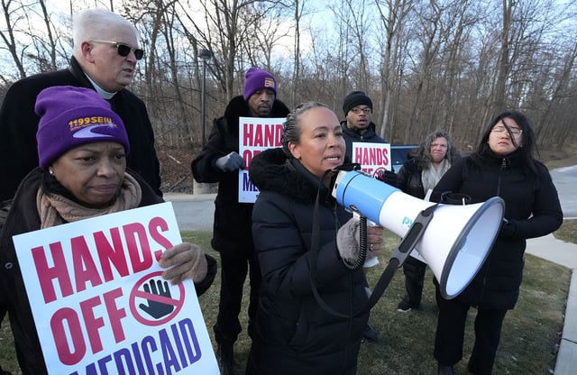 Milly Silva, secretary-treasurer of
1199SEIU United Healthcare Workers union speaks during a rally against any cuts to Medicaid, outside of Congressman Mike Lawler's office at One Blue Hill Plaza in Pearl River Jan. 8, 2025.