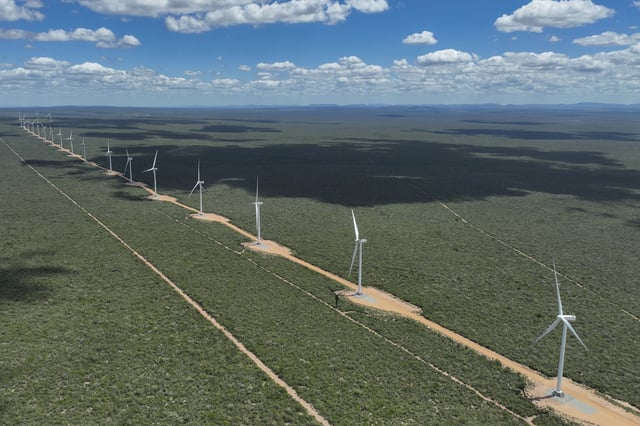 FILE - Wind turbines operate in a rural area near Canudos, Bahia state, Brazil, March 9, 2024. (AP Photo/Andre Penner, File)