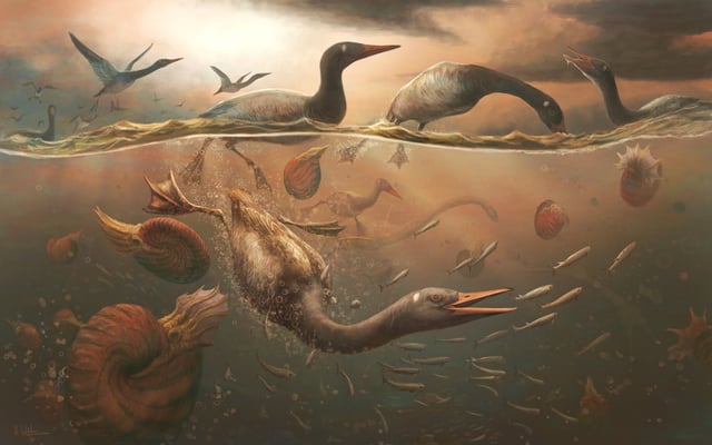 An artist&#39;s impression of Vegavis iaai—an early ancestor of ducks and geese that lived during the Late Cretaceous.