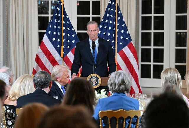 Senate Majority Leader John Thune speak during a dinner for US Republican Senators hosted by US President Donald Trump at his Mar-a-Lago resort in Palm Beach, Florida, on Febrary 7, 2025.