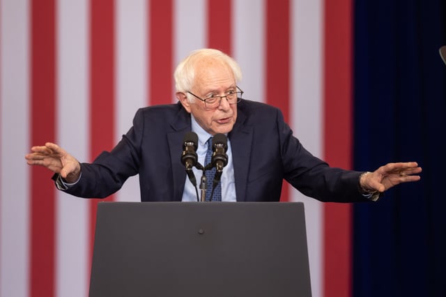 U.S. Sen. Bernie Sanders (I-VT) delivers remarks on stage at NHTI Concord Community College before U.S. President Joe Biden on October 22, 2024 in Concord, New Hampshire.