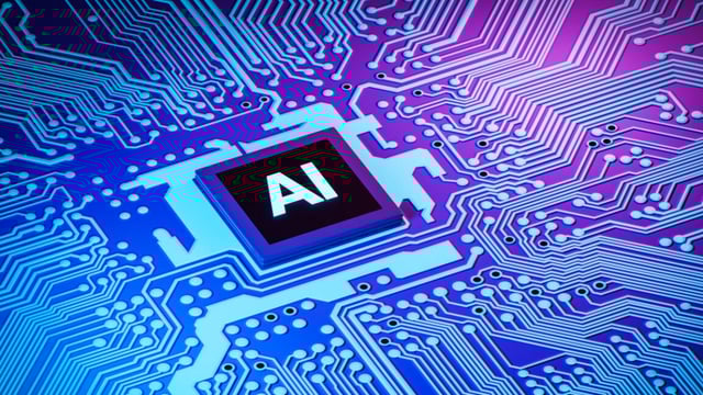 An illustration of a circuit board and a chip with "AI" written on it.