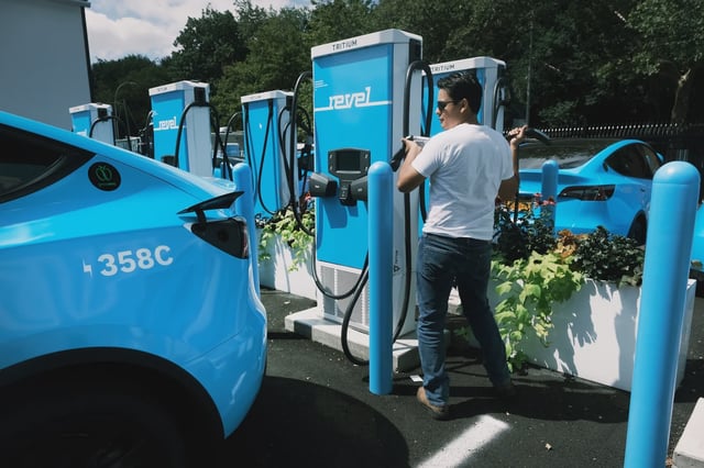 A charging station for the app-based car service Revel in a Brooklyn, in 2021. The company is planning on installing hundreds more fast-chargers in New York City by 2027.