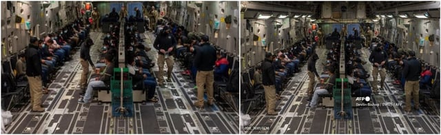 Screenshot comparison of the falsely shared photo (left) and the photo distributed by AFP (right)