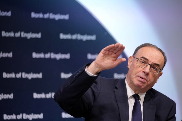 Andrew Bailey, Governor of the Bank of England, gestures during the Monetary Policy Report press conference in London, Britain, Feb. 6, 2025.    Kin Cheung/Pool via REUTERS/File photo