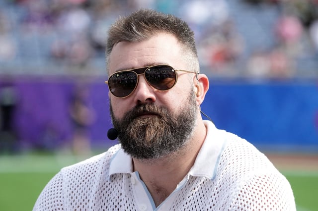 Feb 2, 2025; Orlando, FL, USA; Jason Kelce on the ESPN postseason countdown set during the 2025 Pro Bowl Games at Camping World Stadium. Mandatory Credit: Kirby Lee-Imagn Images/File Photo
