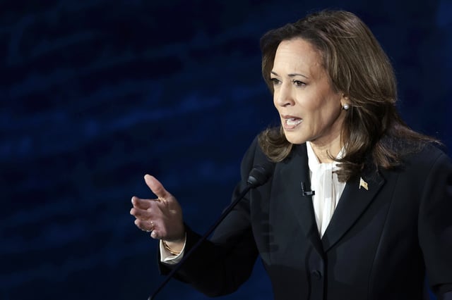 Vice President Kamala Harris debates former President Donald Trump at The National Constitution Center, in Philadelphia, on Sept. 10, 2024.