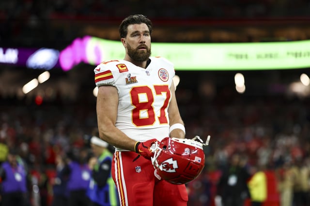 Travis Kelce #87 of the Kansas City Chiefs reacts on the field before Super Bowl LIX at Caesars Superdome on February 9, 2025 in New Orleans, Louisiana.