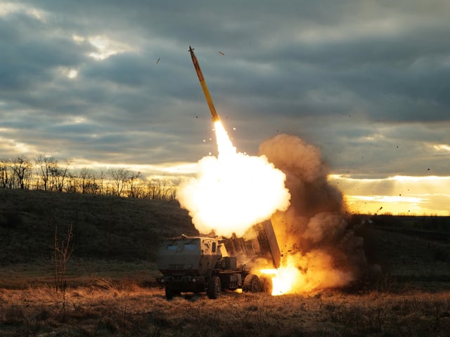 UNSPECIFIED, UKRAINE - DECEMBER 29: M142 HIMARS launches a rocket on Russian position on December 29, 2023 in Unspecified, Ukraine. M142 HIMARS proved to be a highly effective weapon, striking targets both on the front line and deep in the Russian rear. (Photo by Serhii Mykhalchuk/Global Images Ukraine via Getty Images)