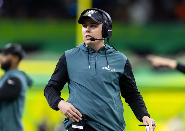 Feb 9, 2025; New Orleans, LA, USA;  Philadelphia Eagles offensive coordinator Kellen Moore against the Kansas City Chiefs during Super Bowl LIX at Ceasars Superdome. Mandatory Credit: Mark J. Rebilas-Imagn Images/File Photo