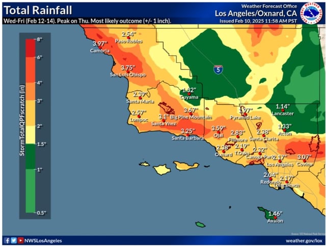 A map from the National Weather Service showing which California cities will receive the most rain.