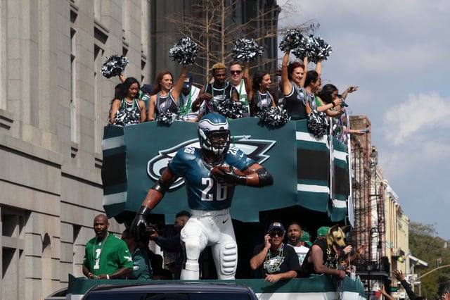 Feb 8, 2025; New Orleans, LA, USA; The Philadelphia Eagles float with figurine of running back Saquon Barkley (26) during the Super Bowl LIX  Host Committee Parade. Mandatory Credit: Kirby Lee-Imagn Images/File Photo