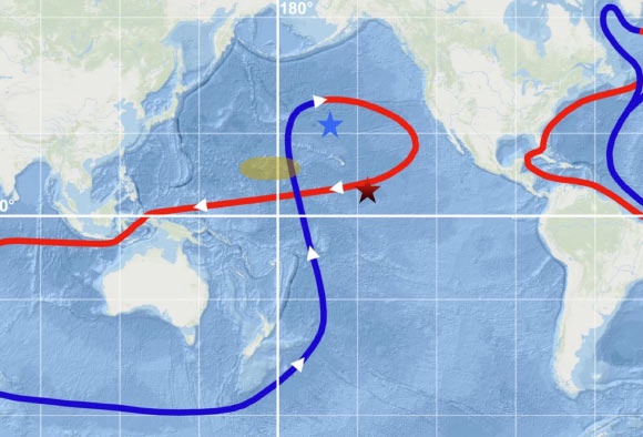 Koll et al. report on the discovery of an anomaly in the beryllium-10 concentration profiles of several deep-ocean ferromanganese crusts (stars) from the Central and Northern Pacific during the Late Miocene. The major bottom (blue line) and surface (red line) ocean currents of the thermohaline circulation are indicated. Image credit: Koll et al., doi: 10.1038/s41467-024-55662-4.