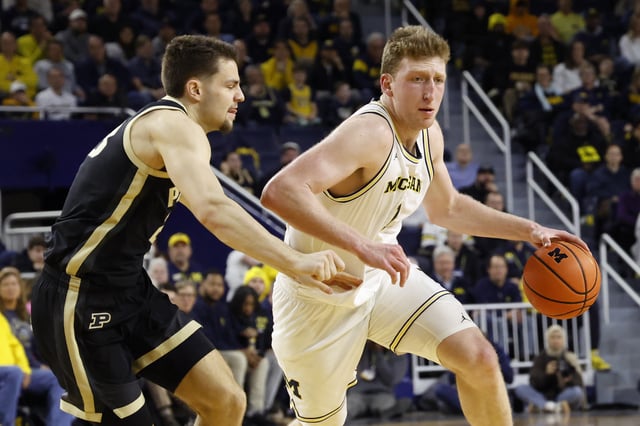 Feb 11, 2025; Ann Arbor, Michigan, USA;  Michigan Wolverines center Danny Wolf (1) dribbles against Purdue Boilermakers forward Camden Heide (23) in the first half at Crisler Center. Mandatory Credit: Rick Osentoski-Imagn Images