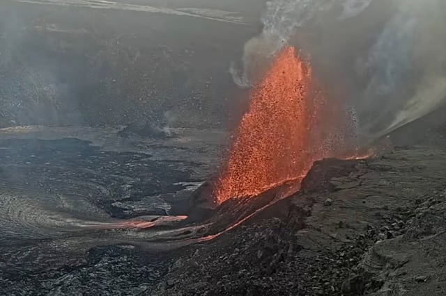 This handout photo from the U.S. Geological Survey shows lava erupting from Haleumaumau Crater at the summit of Kilauea volcano inside Hawaii Volcanoes National Park, Hawaii., on Tuesday, February 11, 2025.
