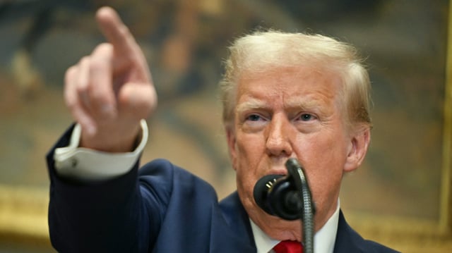 U.S. President Donald Trump speaks in the Roosevelt Room at the White House on January 21, 2025, in Washington, DC.