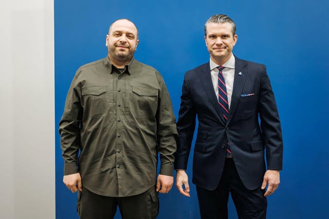 Defense Secretary Pete Hegseth with Ukraine's Defence Minister Rustem Umerov in Brussels on Feb. 12, 2025.