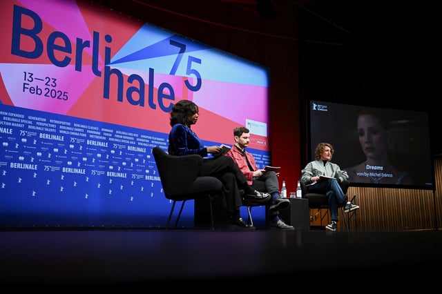 Director Tricia Tuttle sits with co-directors of Film Programming Jacqueline Lyanga and Michael Stuetz at a press conference ahead of the 75th Berlinale International Film Festival in Berlin, Germany, January 21, 2025. REUTERS/Annegret Hilse