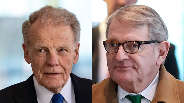 Michael Madigan, 82, left, former speaker of the Illinois House and head of the state Democratic Party, and his longtime confidant, ex-lobbyist Michael McClain, 77, are charged in a 23-count superseding indictment filed in October 2022 with racketeering conspiracy and a host of other crimes. (Brian Cassella and Chris Sweda/Chicago Tribune)