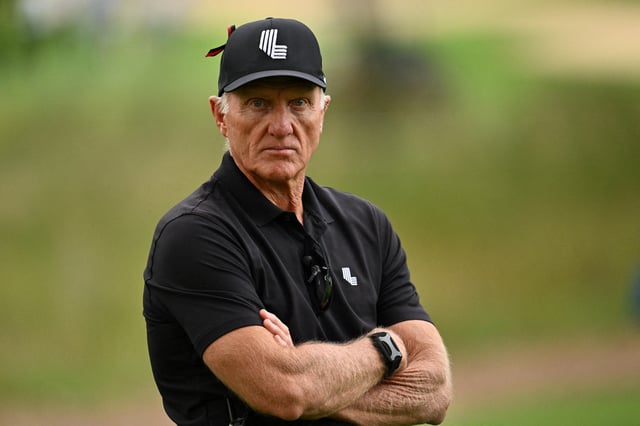 Sep 24, 2023; Sugar Grove, Illinois, USA; Greg Norman watches the action on the 11th green during the final round of the LIV Golf Chicago golf tournament at Rich Harvest Farms. Mandatory Credit: Jamie Sabau-USA TODAY Sports/File Photo