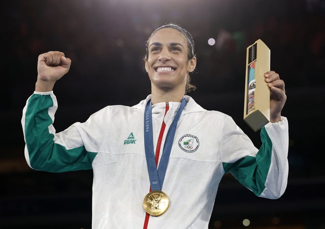 Paris 2024 Olympics - Boxing - Women's 66kg - Victory Ceremony - Roland-Garros Stadium, Paris, France - August 09, 2024. Gold medallist Imane Khelif of Algeria celebrates with her medal. REUTERS/Peter Cziborra/File Photo