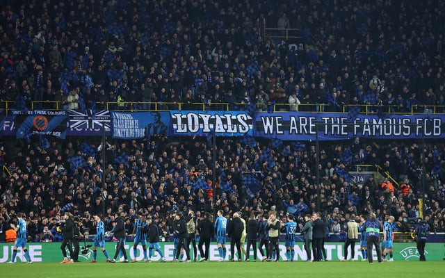 Soccer Football - Champions League - Knockout Phase Playoff - First Leg - Club Brugge v Atalanta - Jan Breydel Stadium, Bruges, Belgium - February 12, 2025 Club Brugge players celebrate after the match REUTERS/Yves Herman