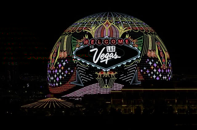 Sphere lights up on October 30, 2024 in Las Vegas, Nevada. The 17,600-seat, 366-foot-tall, 516-foot-wide music and entertainment venue is the largest spherical structure on Earth and features an Exosphere with a 580,000-square-foot display, the largest LED screen in the world.