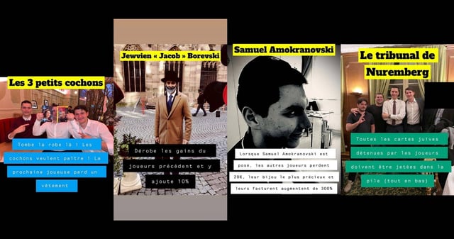 Des membres de l'UNI Strasbourg dans une série de montages antisémites parodiant un jeu de cartes.