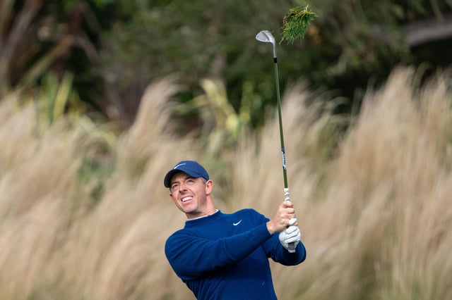 February 2, 2025; Pebble Beach, California, USA; Rory McIlroy hits his chip shot on the second hole during the final round of the AT&T Pebble Beach Pro-Am golf tournament at Pebble Beach Golf Links. Mandatory Credit: Kyle Terada-Imagn Images/File Photo