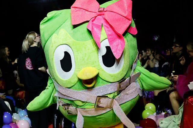 The Duolingo bird during the Marina Hoermanseder Fashion Show as part of the Berlin Fashion Week AW25 at Hotel Oderberger, in Berlin, on January 31, 2025.