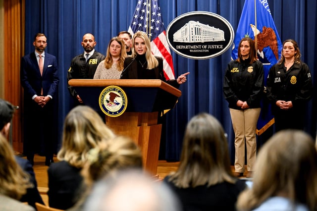 Attorney General Pam Bondi speaks as she announces an immigration enforcement action during her first press conference at the Justice Department in Washington, D.C., U.S., Feb. 12, 2025.